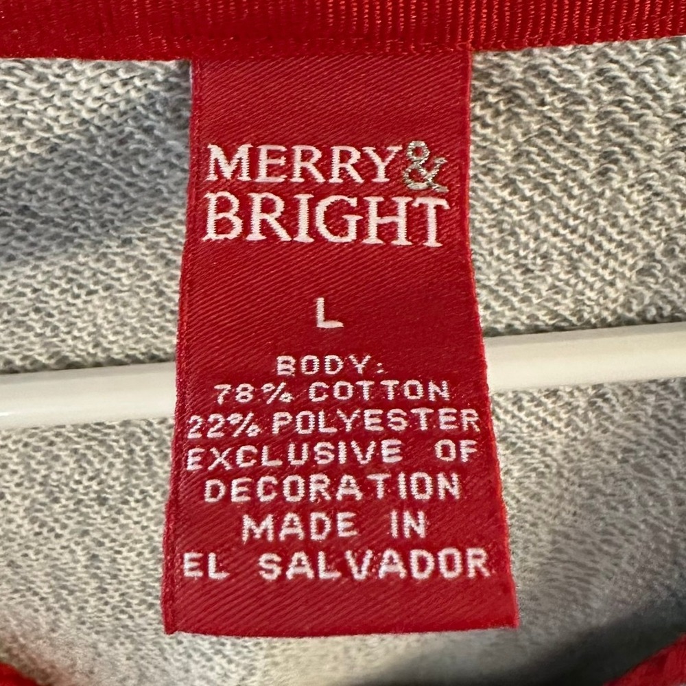 Merry & Bright Gray Pullover Hoodie Sweatshirt Embellished Christmas Size L - Picture 6 of 9